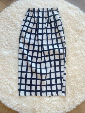 Zara Navy and White Grid Midi Skirt
